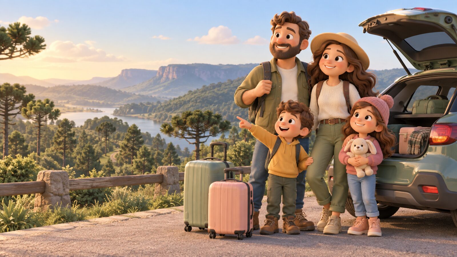 Família iniciando uma viagem de carro entre montanhas